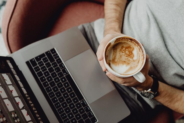 coffee, cup, computer, home, laptop, coffee cup, macbook, technology, office, business, designer, work, man, casual